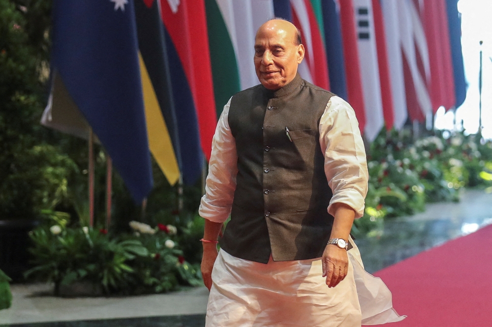 India's Defense Minister Rajnath Singh arrives for the 10th Association of South-east Asian Nations (Asean) Defense Ministers Meeting - Plus in Jakarta November 16, 2023. — Bagus Indahono/Pool/Reuters pic