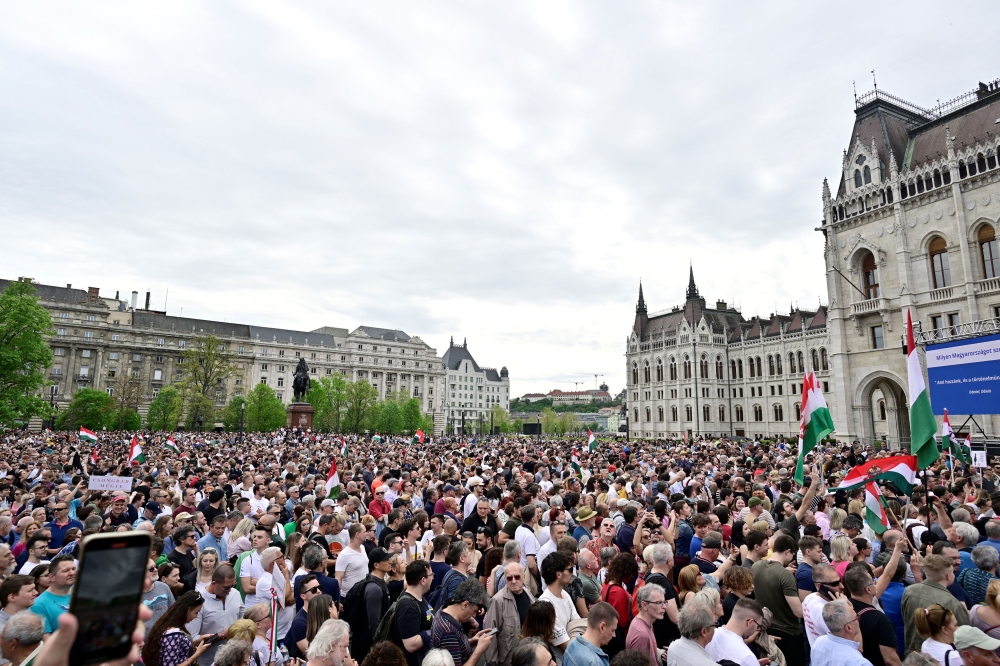 People attend an anti-government protest led by Peter Magyar, a lawyer and businessman formerly close to Hungary's ruling nationalist government, in Budapest April 6, 2024. — Reuters pic  