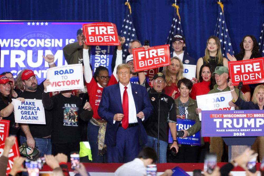 File photo of former US President and 2024 presidential hopeful Donald Trump speaking during a campaign rally at the Hyatt Regency in Green Bay, Wisconsin, on April 2, 2024. — AFP pic