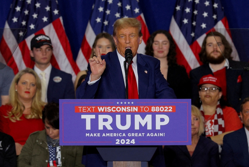 File photo of Republican presidential candidate and former US President Donald Trump speaking during a campaign rally in Green Bay, Wisconsin, US, April 2, 2024. — Reuters pic