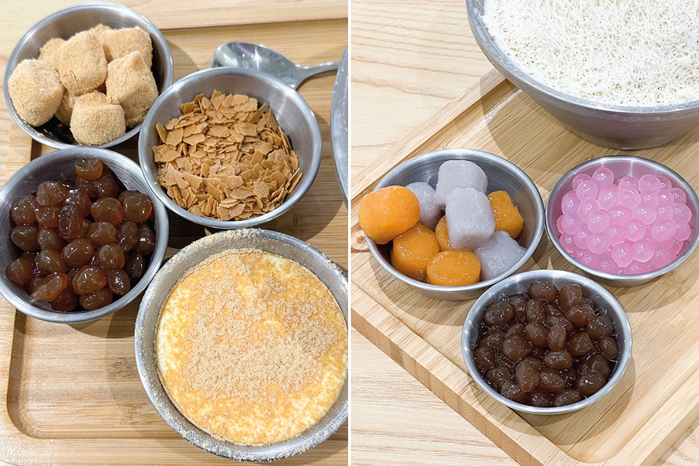Toppings for the Roasted Soybean Oolong give different flavours and textures to the 'bingsu' like the brown sugar jelly, soybean covered mochi, butter crisp and the lightly salted cream cheese dusted with roasted soybean powder (left). For the White Peach Oolong, it's about the peach flavour and the popping boba, brown sugar jelly and taro balls (right).