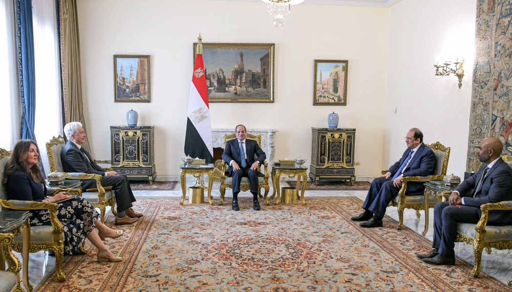 This handout picture released by the Egyptian Presidency shows Egypt's President Abdel Fattah al-Sisi (C), accompanied by intelligence chief Major General Abbas Kamel (2nd-R), meeting with CIA Director William Burns (2nd-L) and US ambassador to Cairo Herro Mustafa Garg (L) at the presidential palace in Cairo on April 7, 2024. — Egyptian Presidency / AFP pic