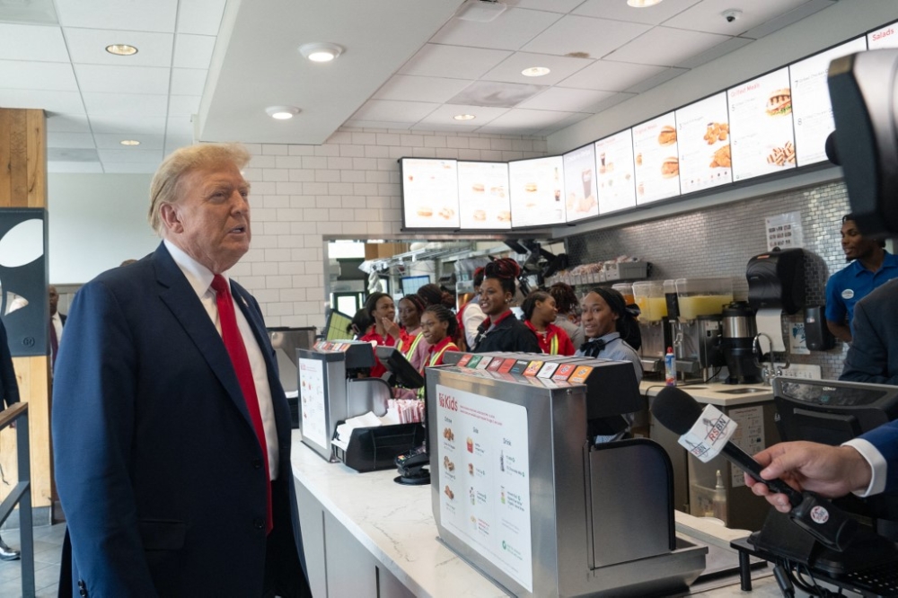 Former US President Donald Trump makes a visit to a Chick-fil-A restaurant on April 10, 2024 in Atlanta, Georgia. Trump is visiting Atlanta for a campaign fundraising event he is hosting. — AFP pic