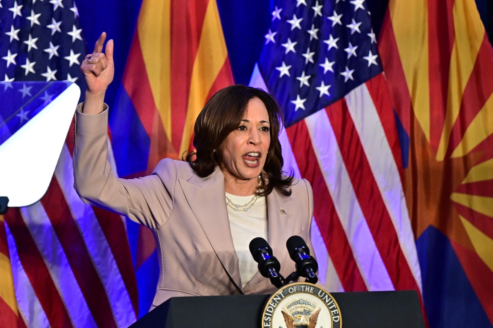 US Vice President Kamala Harris speaks on reproductive freedom at El Rio Neighborhood Center in Tucson, Arizona, on April 12, 2024. — AFP pic