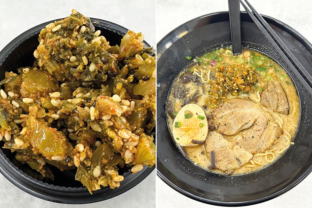 Ask for their homemade 'takana' or pickled mustard leaf to add to your 'tonkotsu ramen' (left). The 'takana' livens up your 'tonkotsu ramen', giving it a mild spiciness (right).