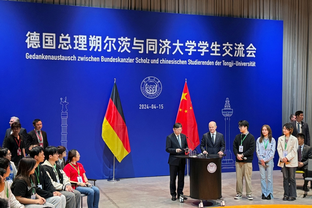 German Chancellor Olaf Scholz attends an event with students at Tongji University in Shanghai, China April 15, 2024. — Reuters pic