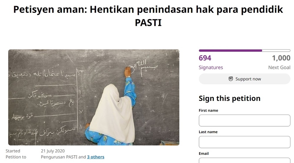 The recent issue has been highlighted by a group of current and former staff members, Pasti alumni and parents of Pasti students calling itself ‘Hak Guru Pasti’, who said it is fighting for their rights based on the Employment Act 1955 since its establishment in 2020. — Screengrab from Change.org