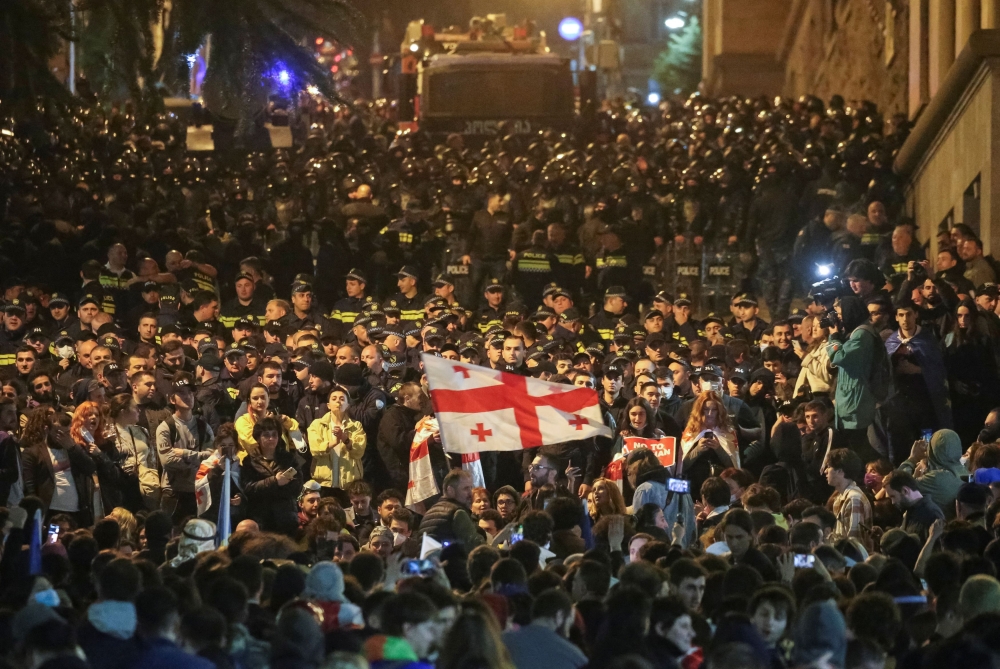 People take part in a protest against a draft bill on 'foreign agents' in Tbilisi, Georgia April 15, 2024. — Reuters pic
