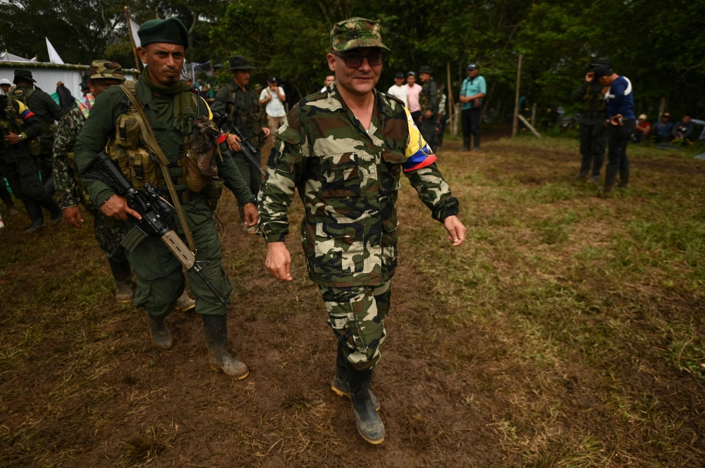 FARC-EP dissidence top commander Ivan Mordisco attends a meeting with local communities in San Vicente del Caguan, department of Caqueta, Colombia on April 16, 2023. — AFP pic