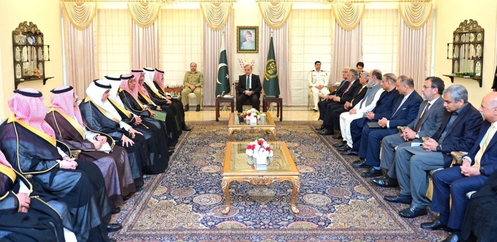 Pakistan's Prime Minister Shehbaz Sharif addresses the Saudi delegations lead by the Saudi Arabia's Foreign Minister Prince Faisal bin Farhan bin Abdullah, at the Prime Minister's House, in Islamabad, Pakistan April 16, 2024. — Pakistan Prime Minister Office handout via Reuters pic
