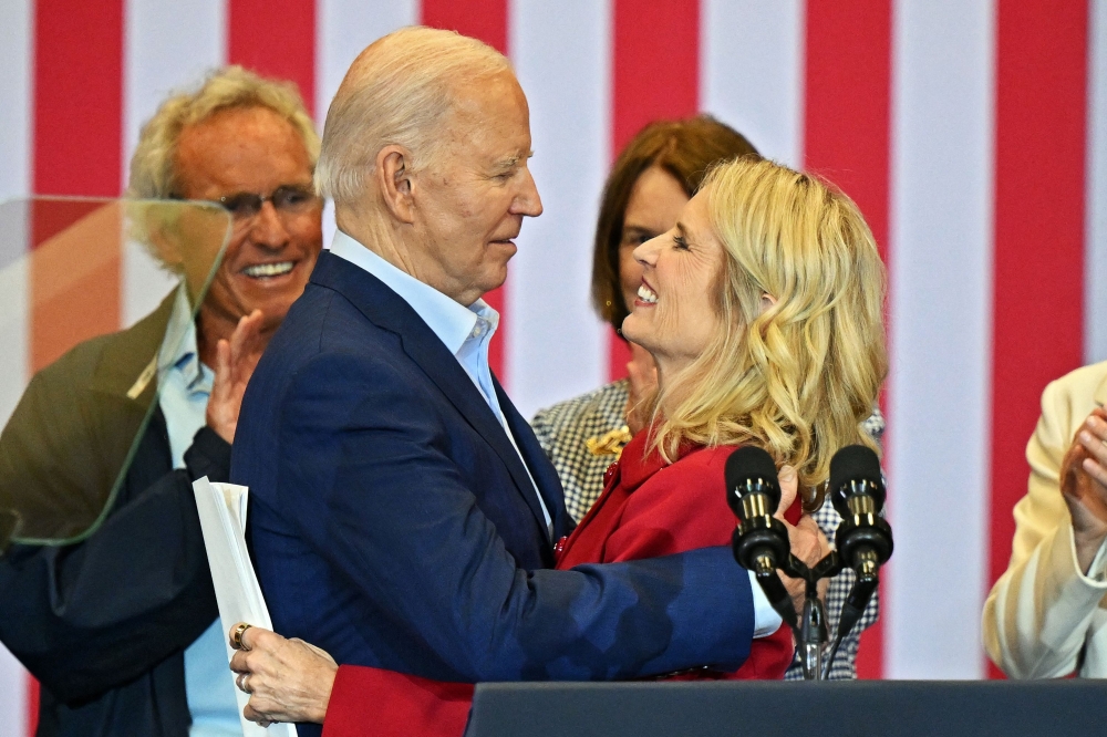 US President Joe Biden speaks with Kerry Kennedy during a campaign event at Martin Luther King Recreation Center on April 18, 2024 in Philadelphia, Pennsylvania. — AFP pic