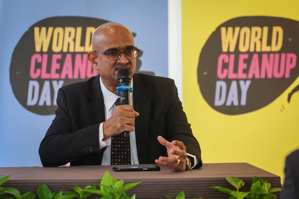 Penang Island City Council mayor Datuk A. Rajendran speaks during the Earth Cleanup Event Penang press conference in George Town April 19, 2024. — Bernama pic