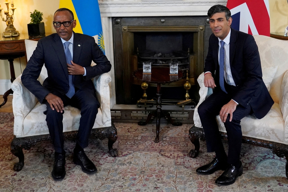 Britain's Prime Minister Rishi Sunak and the President of Rwanda Paul Kagame pose for the media, ahead of their meeting inside 10 Downing Street in London April 9, 2024. — Alberto Pezzali/Pool/Reuters pic