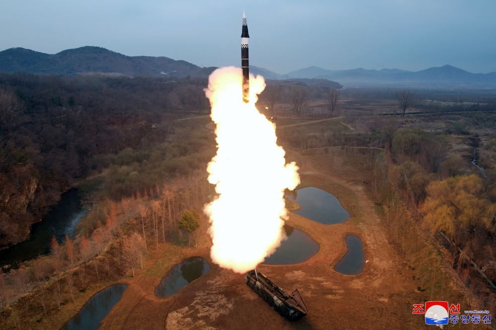 A missile is launched, as the state media reports North Korea test-fired a new mid- to long-range solid-fuel hypersonic missile, at an unknown location in North Korea, April 2, 2024, in this picture released on April 3, 2024, by the Korean Central News Agency. ― KCNA via Reuters