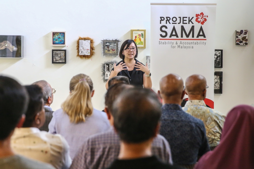 Projek SAMA founding member Ngeow Chow Ying speaks during the launch of Projek SAMA at Temu House in Petaling Jaya April 20, 2024.