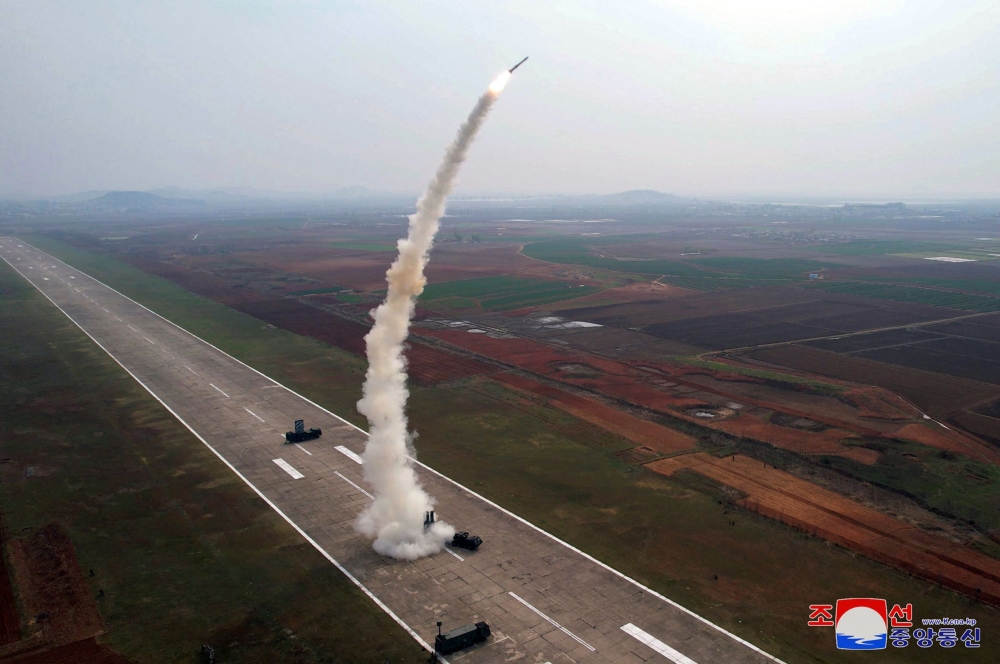 This picture taken on April 19, 2024 and released from North Korea’s official Korean Central News Agency (KCNA) on April 20, 2024 shows the DPRK Missile Administration conducting a test launch of ‘Pyoljji-1-2’ new-type anti-aircraft missiles. — AFP pic