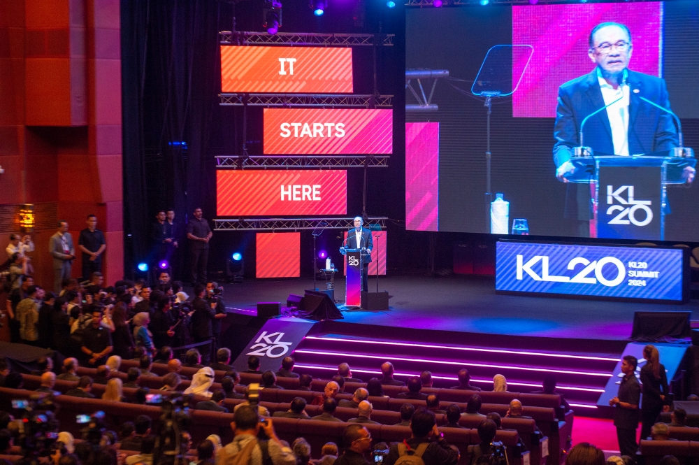 Prime minister Datuk Seri Anwar Ibrahim officiating the KL Summit 20 at Kuala Lumpur Convention Centre, 22 April 2024. — Picture by Shafwan Zaidon