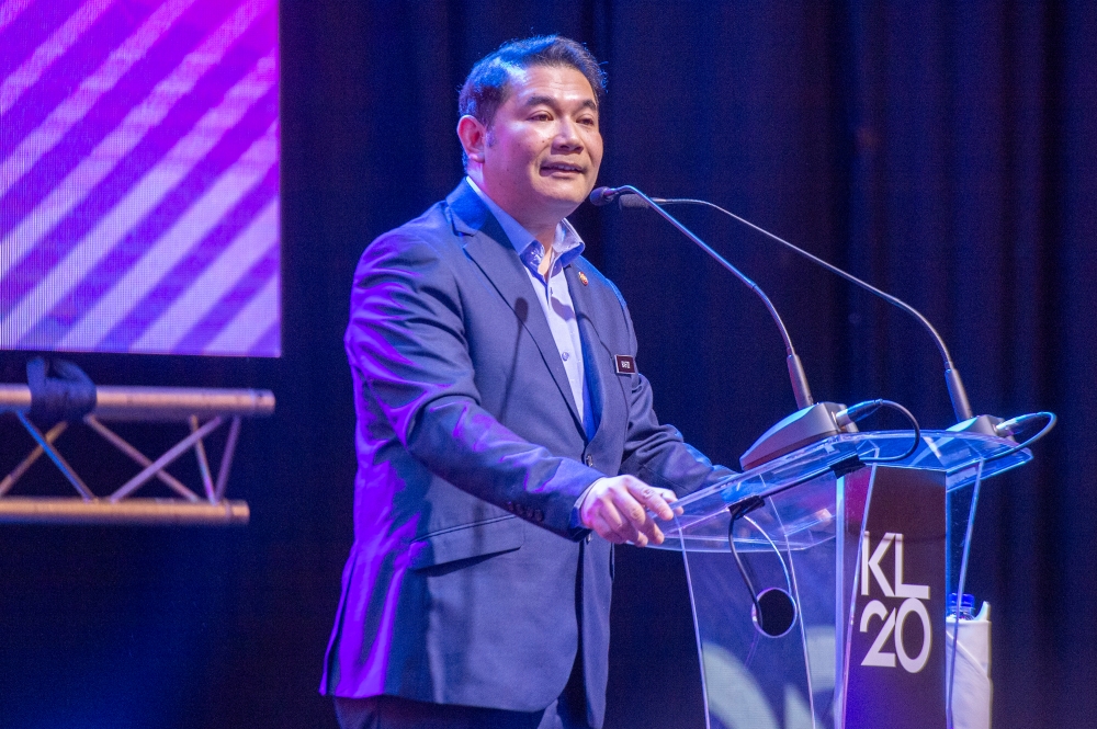 Economic minister Rafizi Ramli delivers his speech during the KL Summit 20 at Kuala Lumpur Convention Centre on 22 April 2024. — Picture by Shafwan Zaidon