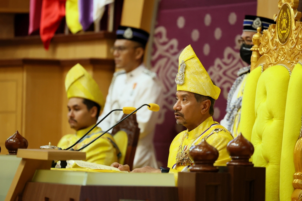 The Sultan of Terengganu Sultan Mizan Zainal Abidin delivers his royal address at the opening ceremony of the Second Session of the 15th State Legislative Assembly (Dewan Undangan Negeri) at Wisma Darul Iman, April 22, 2024. — Bernama pic 