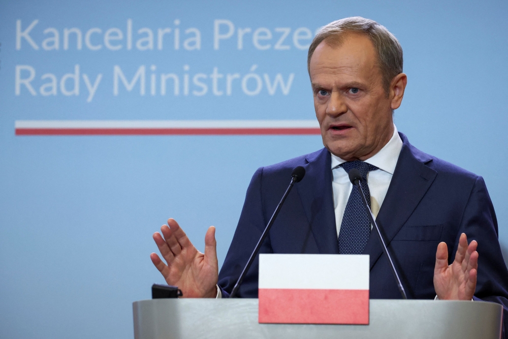 Polish Prime Minister Donald Tusk looks on during a press conference with Danish Prime Minister Mette Frederiksen in Warsaw, Poland, April 15, 2024. — Reuters pic