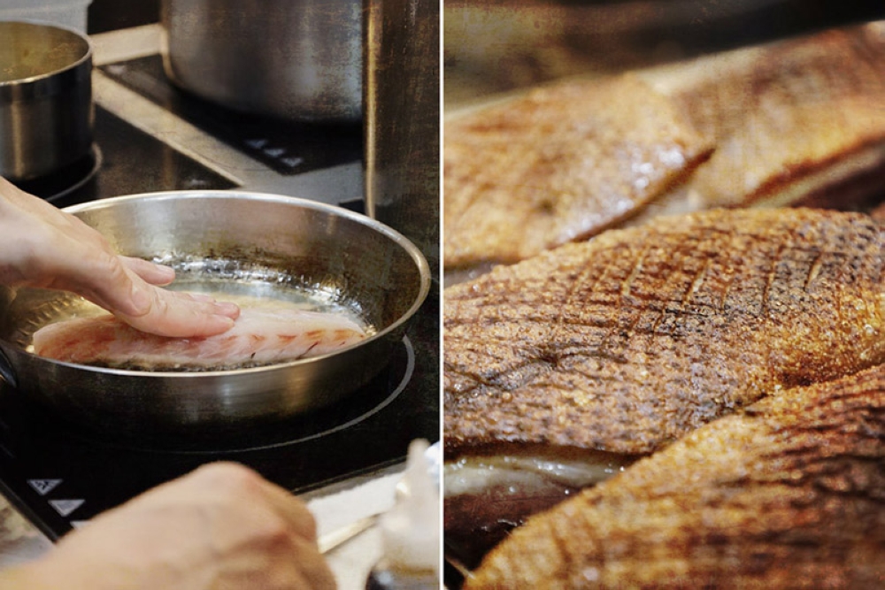 Fish being seared (left). Roasted duck breast (right).