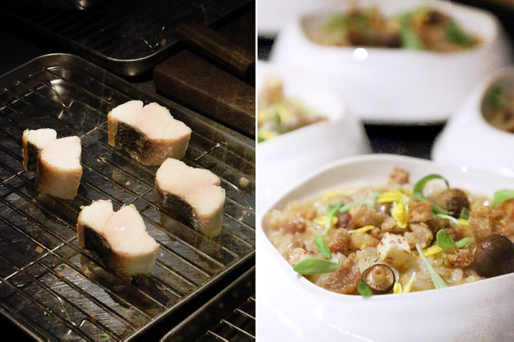 Portioned 'mayao' waiting to be plated (left). Braised Duck Rice (right).