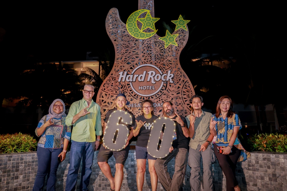 (From left) Yana, Aitken, Ong, Yap, Sanjitpaal, Yusuf and the resort’s director of sales and marketing Sharon Teo. — Picture courtesy of Hard Rock Hotel Desaru Coast