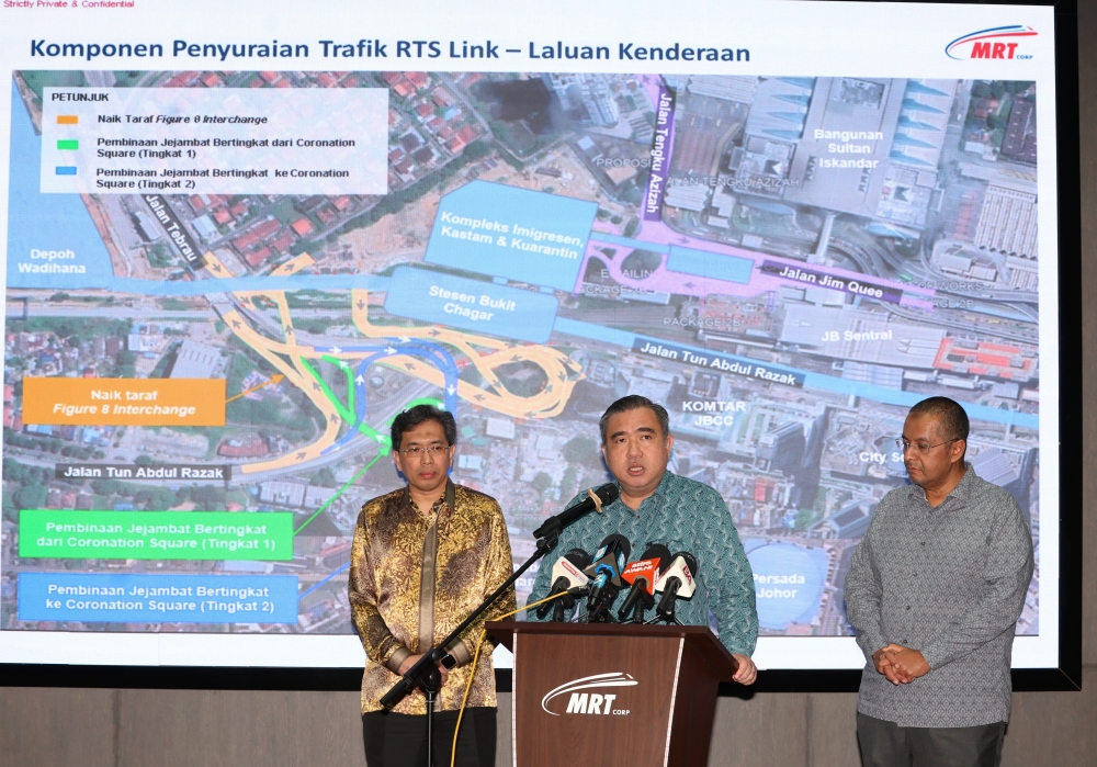 Transport Minister Anthony Loke at a media conference after the signing of the MoU for the construction of a pedestrian bridge connecting Coronation Square and the Bukit Chagar RTS Link Station at Menara JLand, Johor Baru, April 25, 2024. — Bernama pic 