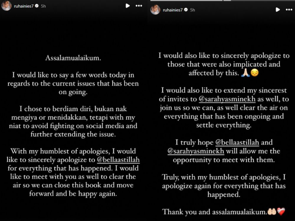 Ruhainies also extended her apologies to those affected by the ongoing issue. — Screenshots via Instagram/ruhainies7
