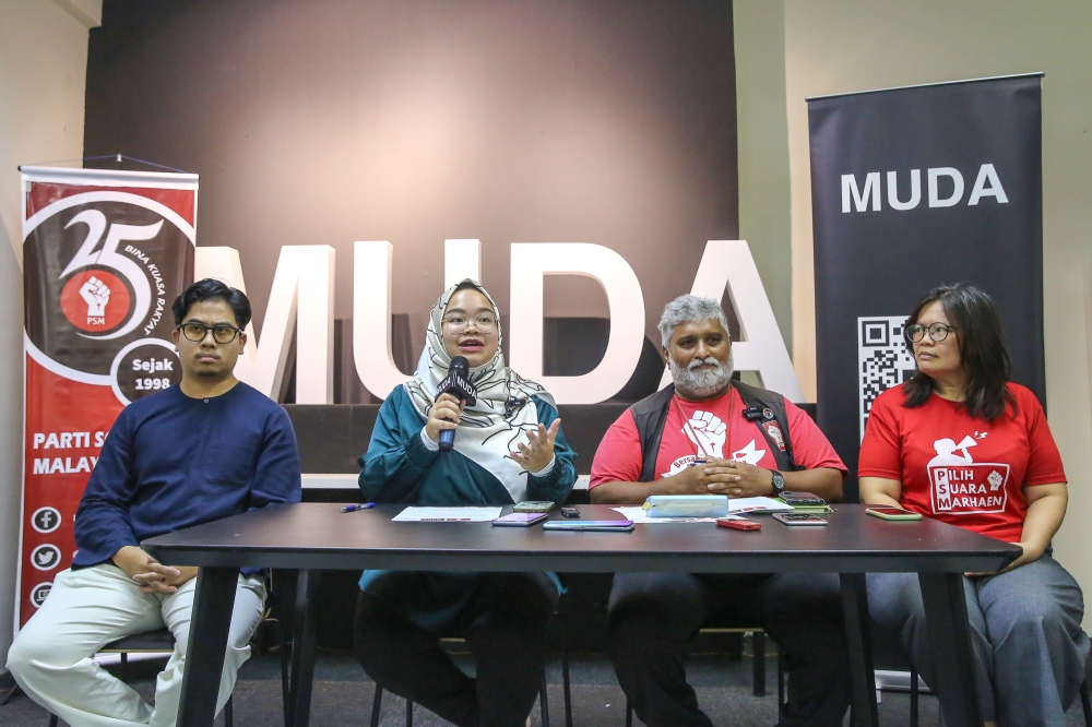 Muda acting president Amira Aisya Abdul Aziz speaks during a press conference at its headquarters in Kelana Jaya, April 26, 2024. — Picture by Yusof Mat Isa
