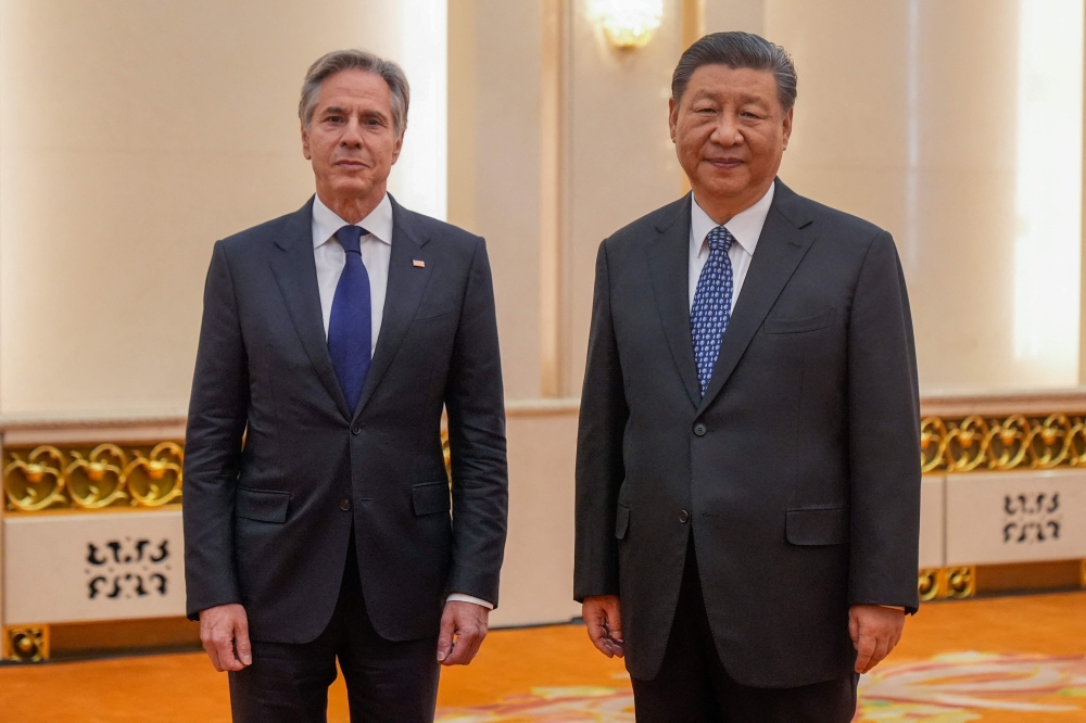 US Secretary of State Antony Blinken (L) meets with China's President Xi Jinping at the Great Hall of the People in Beijing April 26, 2024. — Mark Schiefelbein/Pool/AFP pic 