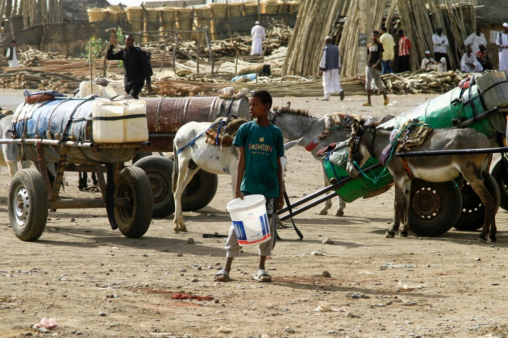 File photo of people using barrels mounted on donkey-pulled carts to transport water in the southern Sudanese city of Gadaref on April 21, 2024. — AFP pic