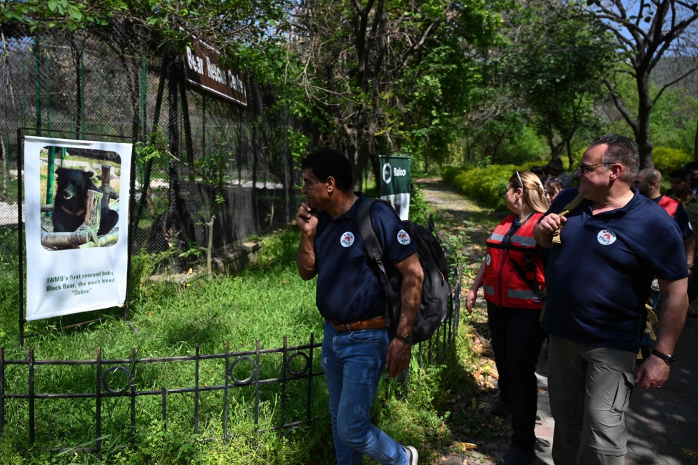 In this picture taken on April 5, 2024, Amir Khalil (left), veterinarian and director of the project development for Four Paws International, and Frank Goeritz (right), head veterinarian of Leibniz Institute for Zoo and Wildlife Research in Berlin, visit the Margallah Wildlife rescue centre, formerly a zoological park, in Islamabad. — AFP pic