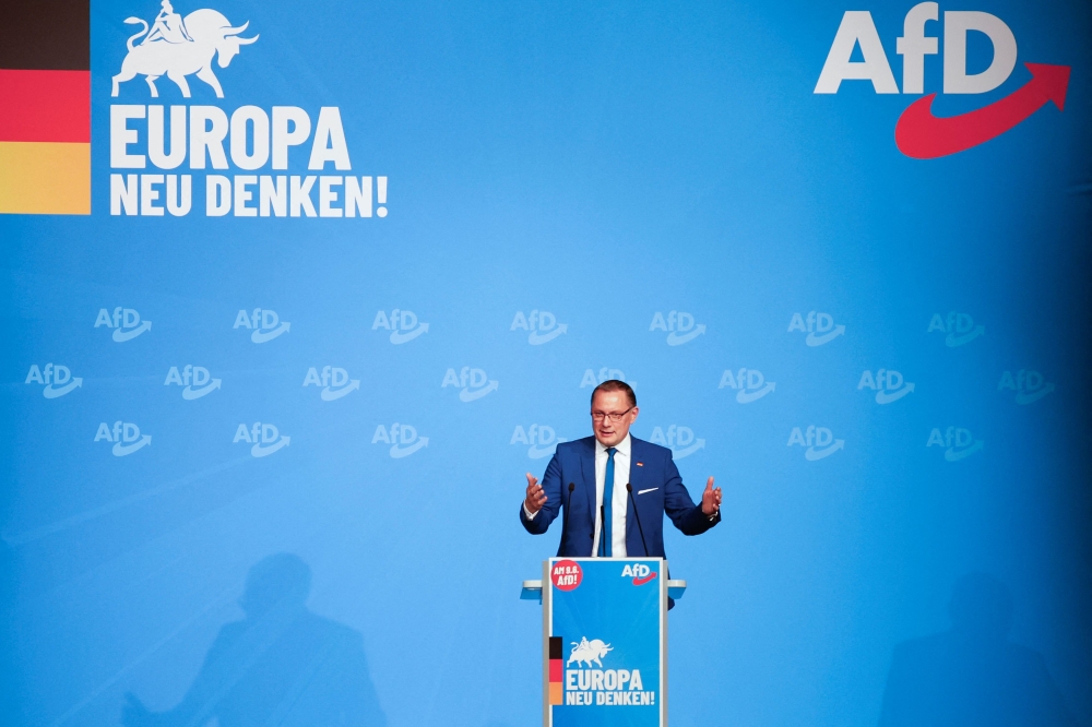 Member of AfD Tino Chrupalla speaks as the right-wing Alternative for Germany (AfD) party launches its campaign for highly contested elections, in the three east German regions of Saxony, Thuringia, Brandenburg and the European Parliament elections in Donaueschingen, Germany April 27, 2024. — Reuters pic 