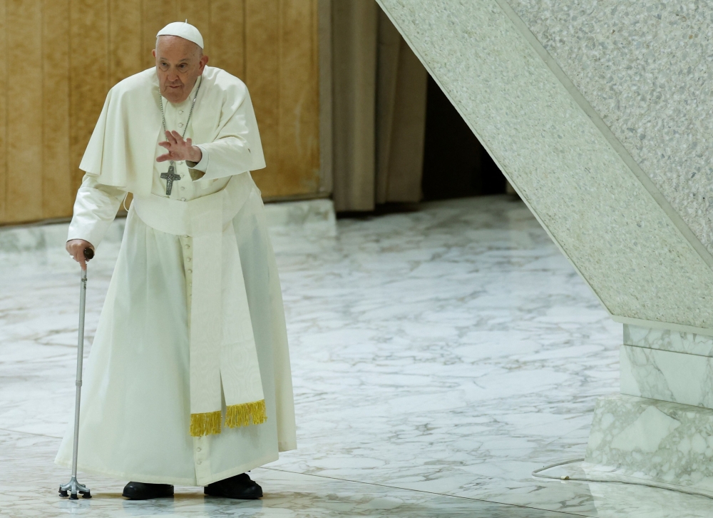Pope Francis attends a meeting with grandparents and grandchildren at an event sponsored by Italy’s ‘Fondazione Eta Grande’ (Old Age Foundation), in Paul VI Hall at the Vatican, April 27, 2024. — Reuters pic 