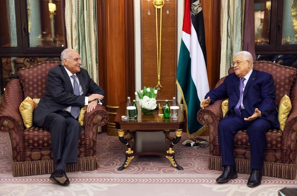 Palestinian president Mahmoud Abbas (right) meeting with Algeria’s Foreign Minister Ahmed Attaf in Riyadh on April 27, 2024. US Secretary of State Antony Bliken is among leaders expected at a Saudi-hosted economic summit set to begin on April 28 with a strong focus on the grinding war in Gaza, organisers said. — Palestinian Authority’s press office (PPO) handout pic via AFP 