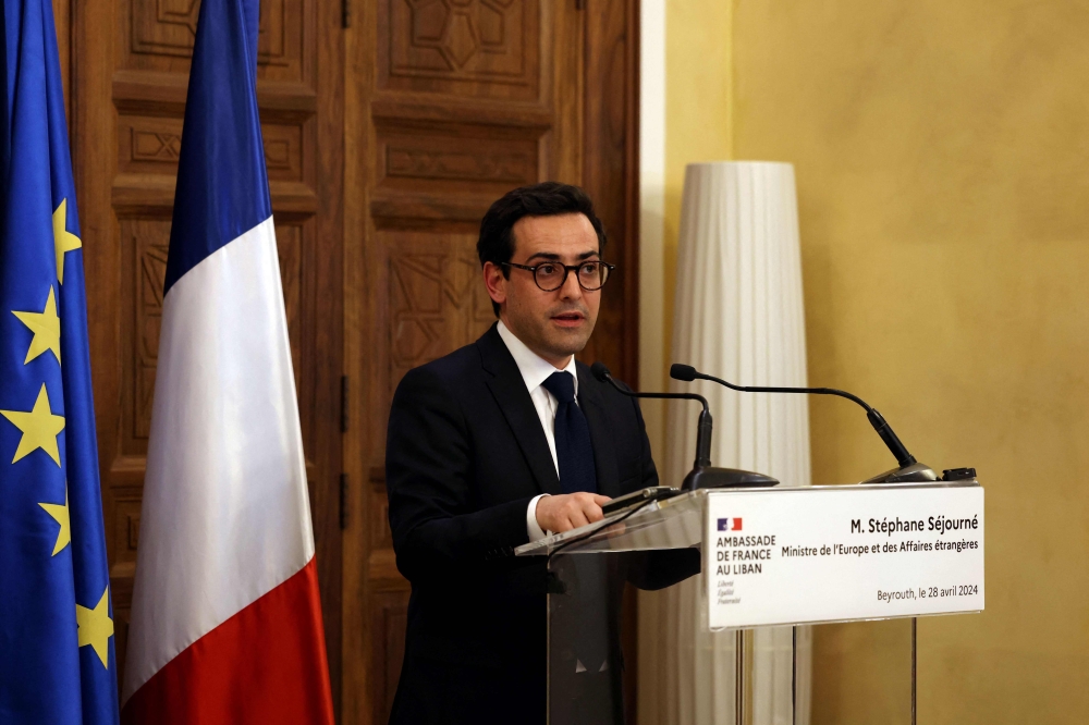France's Foreign Minister Stephane Sejourne speaks during a press conference at the Pine Palace in Beirut on April 28, 2024. — AFP pic