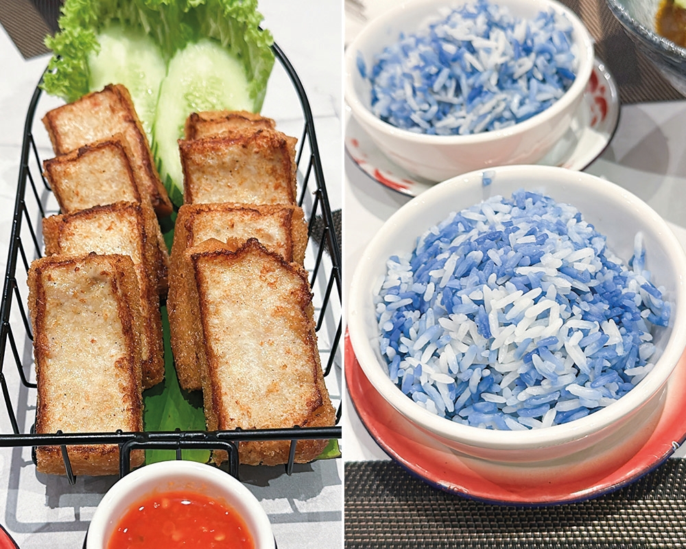 Roti Udang is a throwback dish that is executed very well here with its fragrant prawns and chicken on top of crunchy fried bread (left). Pretty blue and white coloured Nasi Pandan Kukus Bunga Telang is served here with your choice of dishes (right)