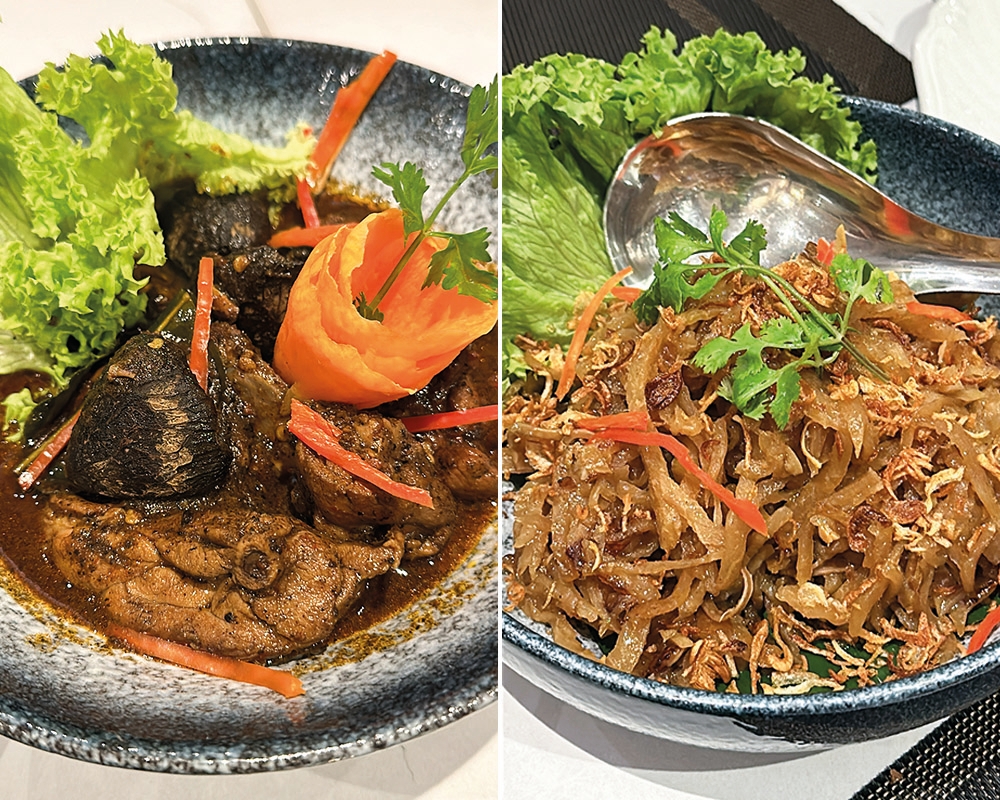 Ayam Buah Keluak needs a little more work to dig out the earthy 'keluak' paste but it's worth it (left). Jiu Hu Char has shredded yam bean given a flavour boost from dried cuttlefish and baby squid (right).