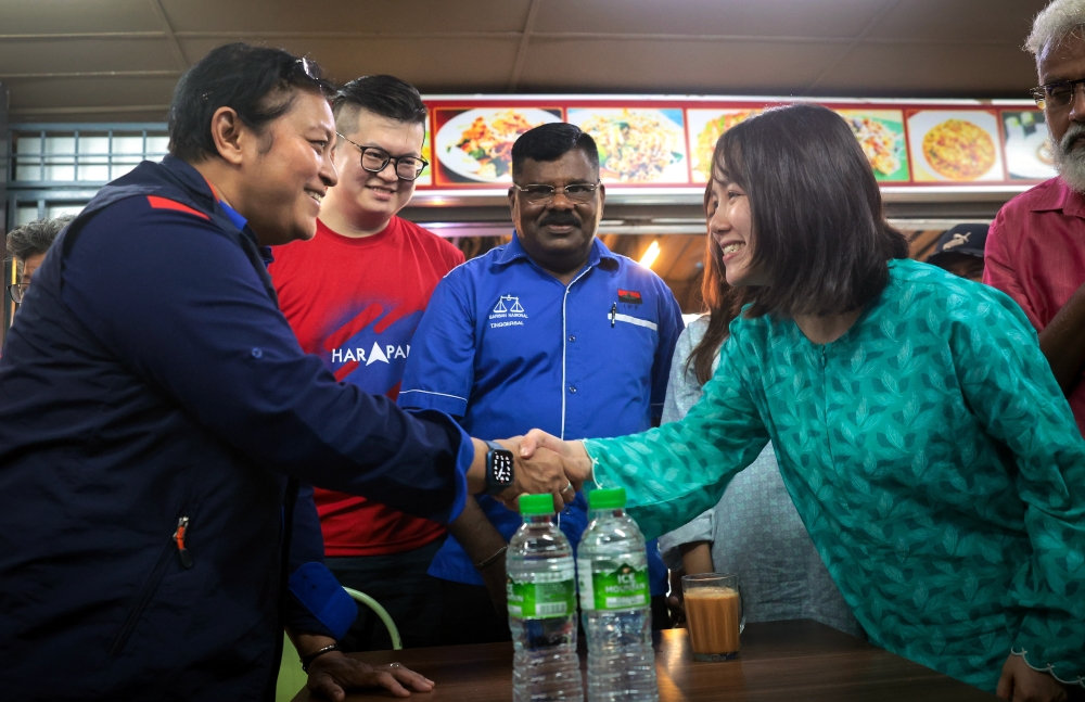 Minister in the Prime Minister’s Department (Legal and Institutional Reform) Datuk Seri Azalina Othman Said shakes hands with Pakatan Harapan candidate Pang Sock Tao in Kuala Kubu Baru, April 30, 2024. — Bernama pic 