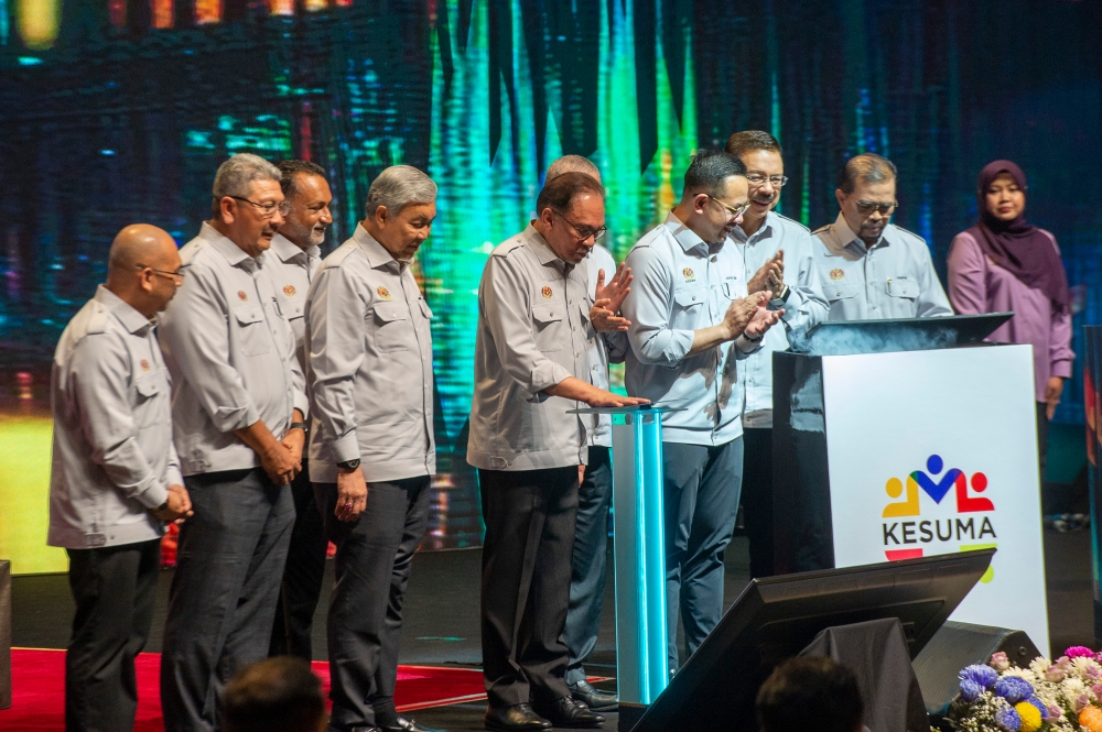 Prime Minister Datuk Seri Anwar Ibrahim at the 2024 Labour Day celebration in Putrajaya May 1, 2024. — Picture by Shafwan Zaidon