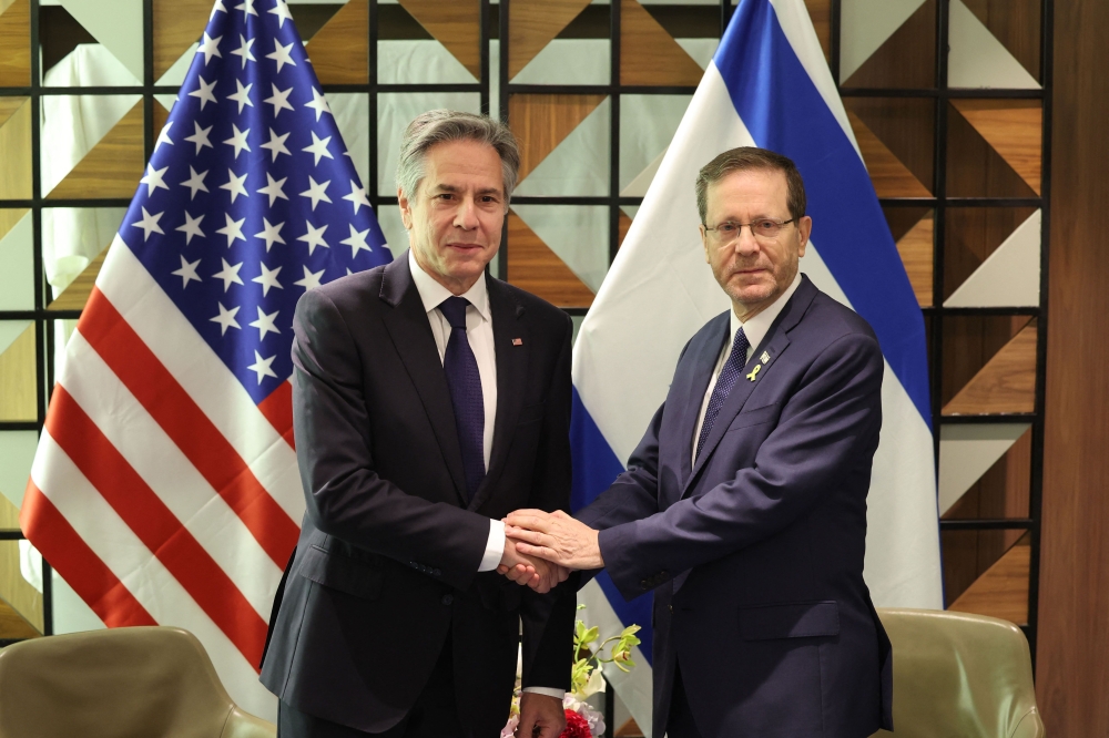 US Secretary of State Antony Blinken meets with Israeli President Isaac Herzog in Tel Aviv, on May 1, 2024. — AFP pic