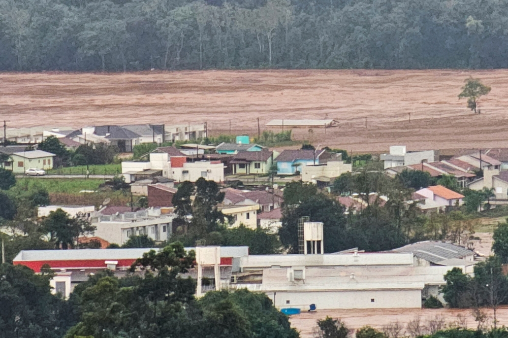 Aerial view of flooded areas in Encantado city, Rio Grande do Sul, Brazil, taken on May 1, 2024. At least ten people died and 21 are missing due to heavy rains in the southern Brazilian state of Rio Grande do Sul, authorities said Wednesday. — AFP pic