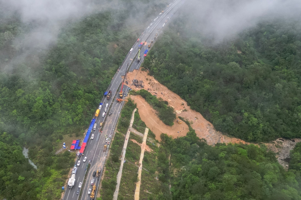 This photo taken on May 1, 2024 shows an aerial view of a collapsed section of a highway near Meizhou in Guangdong province. — CNS / CNS / AFP pic