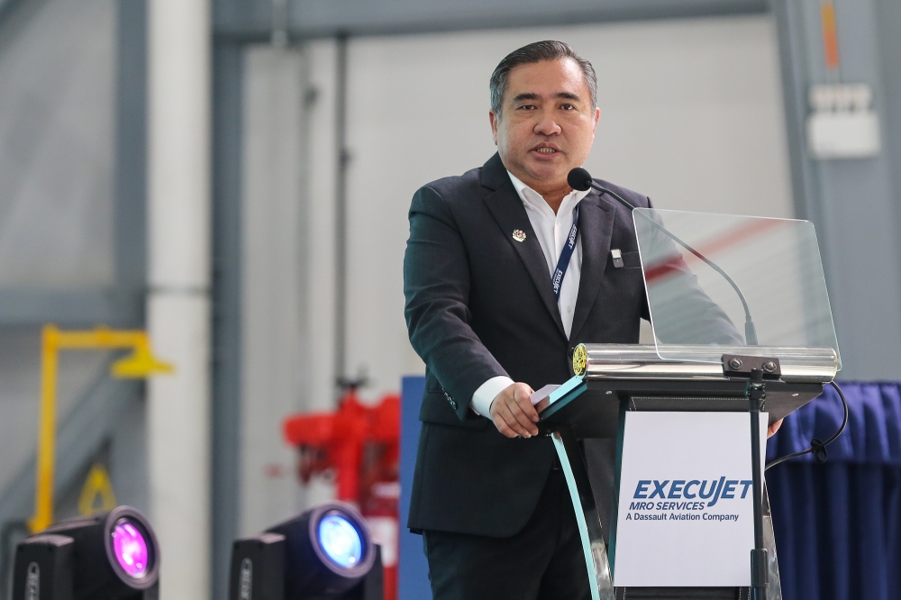 Transport Minister Anthony Loke speaks during the grand opening of new ExecuJet MRO Service Facility in Subang May 2, 2024. ― Picture by Yusof Mat Isa