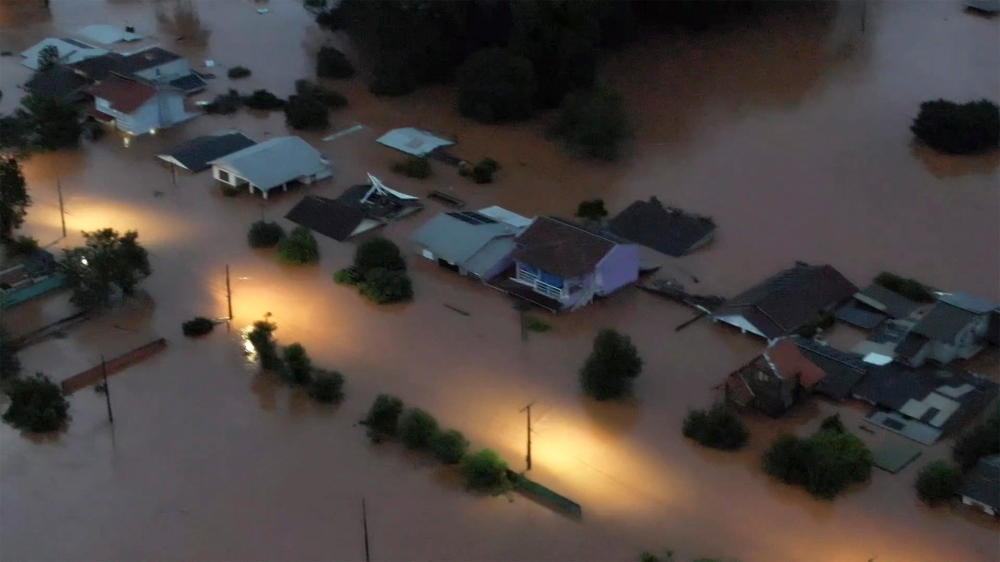 An aerial view shows flooded areas in Encantado city, Rio Grande do Sul, Brazil, on May 1, 2024. — AFP pic