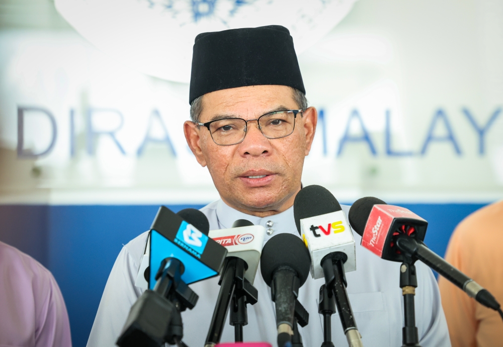 Home Minister Datuk Seri Saifuddin Nasution Ismail speaks at a press conference after attending the Hari Raya Aidilfitri celebration at the Royal Malaysian Police Academy in Hulu Selangor, May 3, 2024. — Bernama pic 