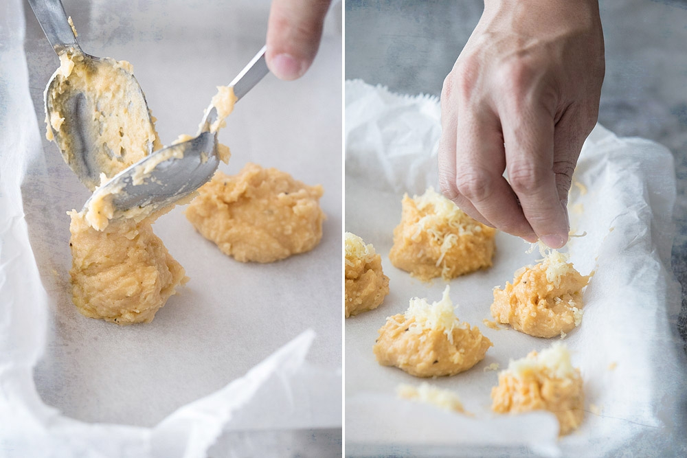 Scoop balls of batter using tablespoons (left) and sprinkle some extra grated cheese (right).