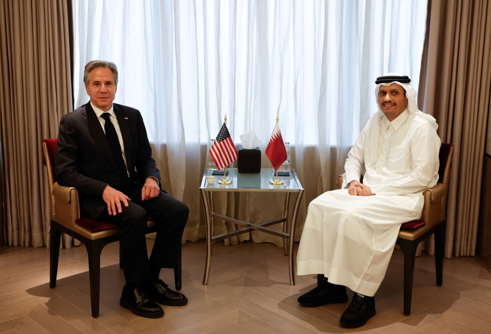 File photo of US Secretary of State Antony Blinken meeting with Qatar’s Prime Minister and Foreign Minister Mohammed bin Abdulrahman bin Jassim Al Thani at the Four Seasons Hotel in Riyadh, Saudi Arabia, April 29, 2024. ― Reuters pic