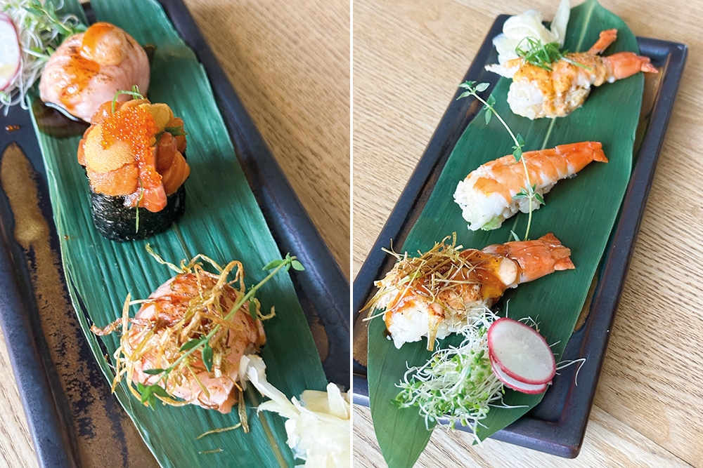 Try one of these round shaped Salno Uo Temari with various flavours including one with sea urchin (left). There's various nigiri sushi served in three portions where some focus on one ingredient like prawns that is presented with different flavours (right).